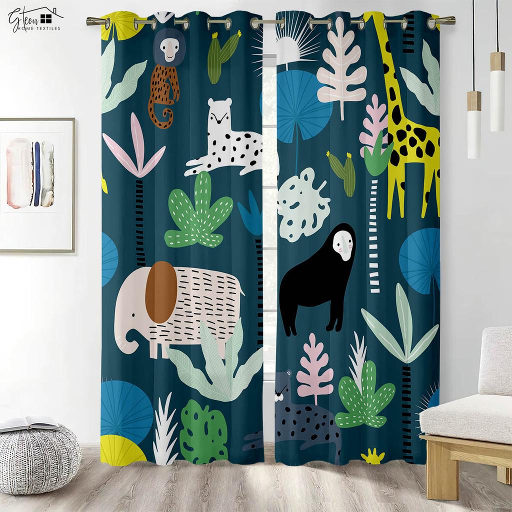Animal Three-Dimensional Print Draperies Tiger Lion Crocodile Giraffe Elephant Monkey Penguin Fox Rabbit Hedgehog Dragon Cartoon Style Anime Drapery