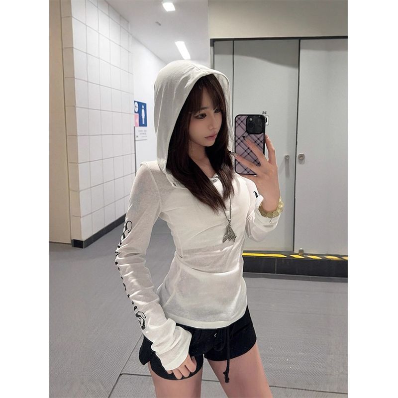 YK Spice Girls Sunscreen Blouse Women's Summer American Long Sleeve Hooded Long Sleeve T-Shirt Subculture Slim Skinny Top Trend