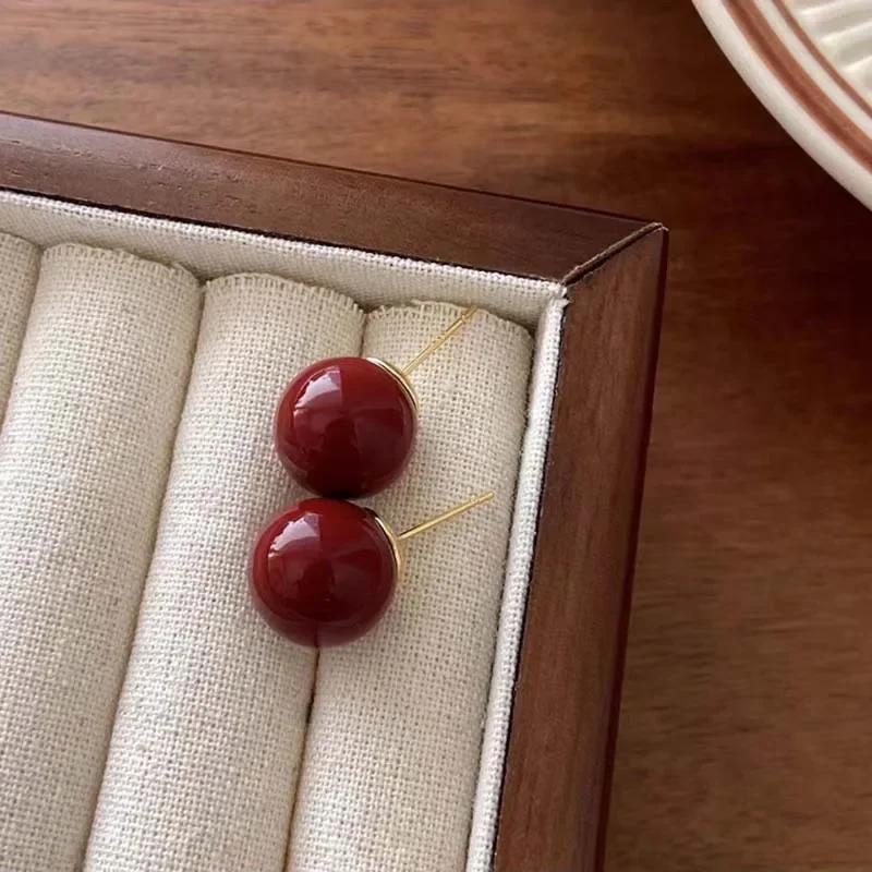 Korean Red Pearl Stud Round Earrings for Women Vintage Sweet Imitation Pearl Temperament Earings Wedding Party Jewelry Gifts