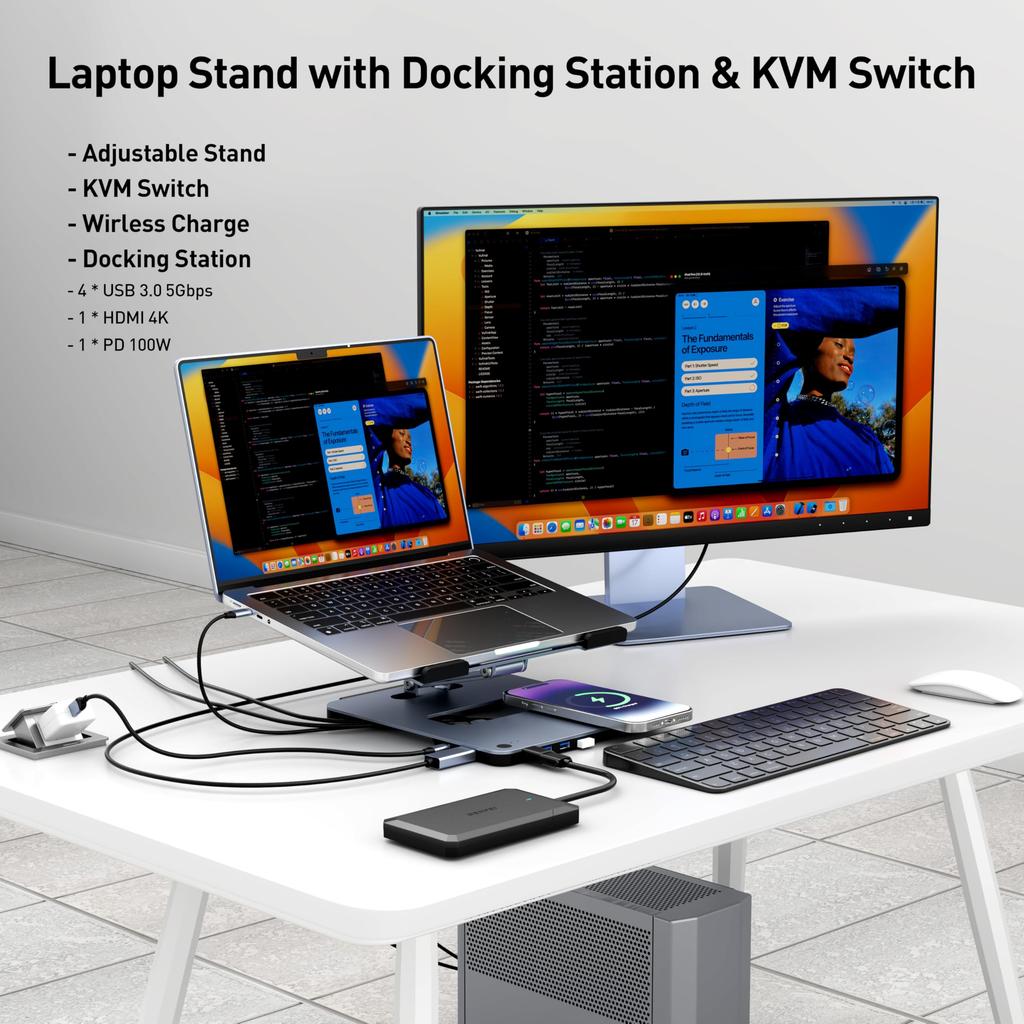 BENFEI 6-in-1 Laptop Stand USB-C Docking Station with Magnetic Wireless Charging (15W), PD100W Charging, HDMI 4K@60Hz, 4 x USB3.0, KVM Switching Funct