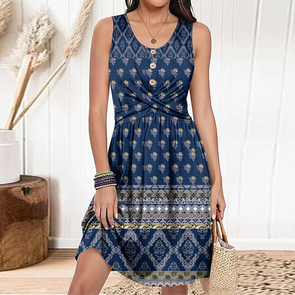 Women's Casual Fashion Dress Round Neck Sleeveless Fitted Dress