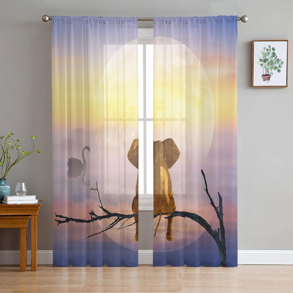 Elephant Big Stupid Bird Heart Gray Blue Sheer Curtains for Living Room Bedroom Decoration Window Voiles Morning Tulle Curtain