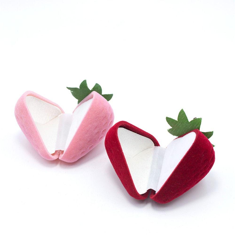 Flocking Plastic Strawberry Ring Box Gift Boxes Red Pink Ring Holder Romantic Organizer Wedding Jewelry Display Case