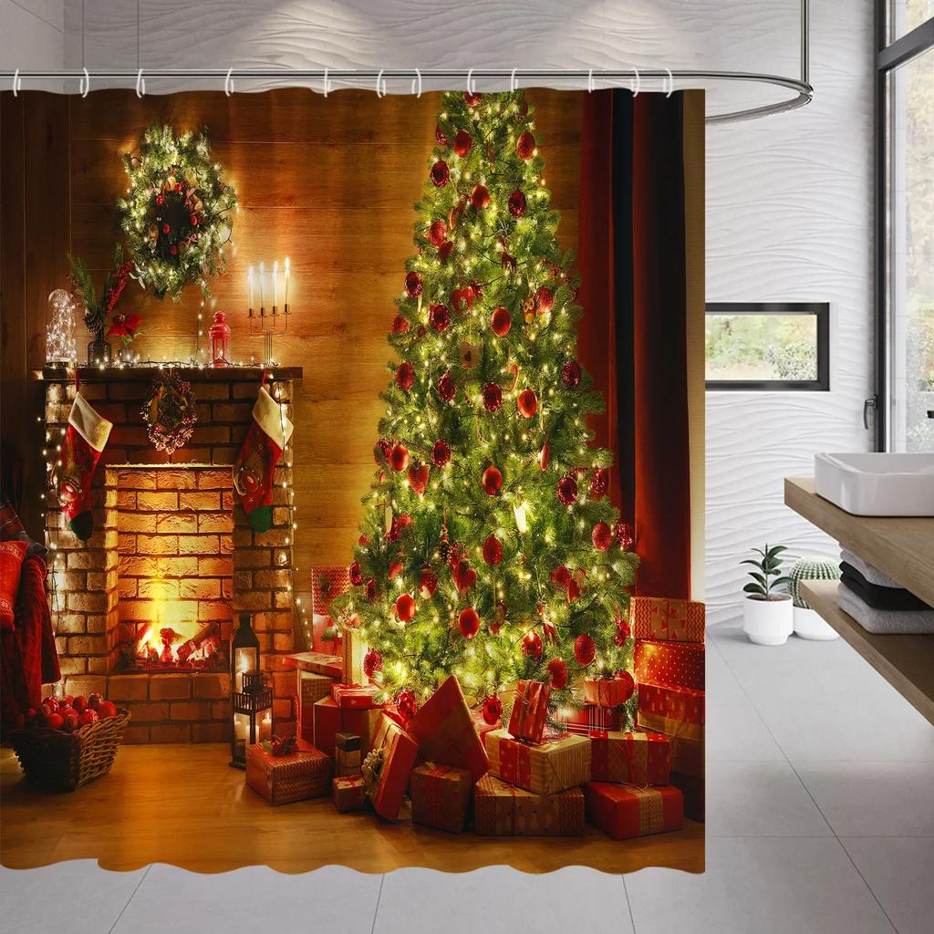 Xmas Decorative Shower Curtains Fireplace Christmas Tree Winter New Year Gift Bathroom Decor Fabric Bath Curtian Hanging