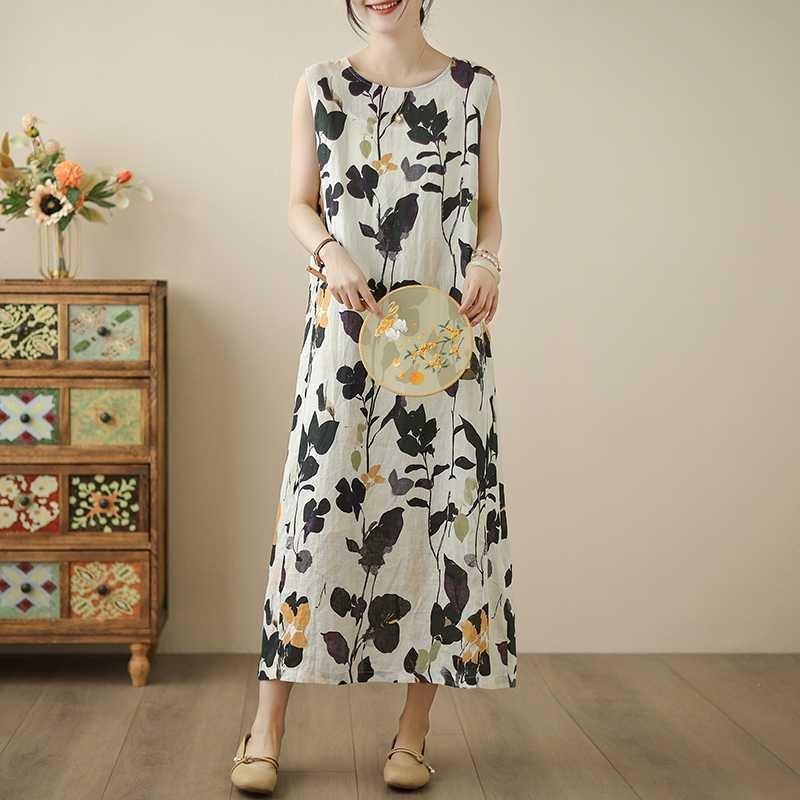 Summer New Original Women's Clothing Seaside Vacation Cotton and Linen Printing Long Dress Sleeveless Dress Long Vest Skirt Long Dress