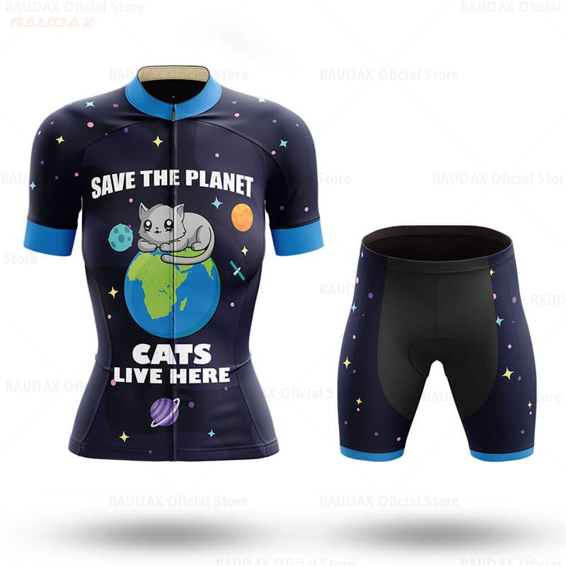 Women's Cycling Jersey Set Pink Cartoon Cat Summer Short Sleeve Breathable MTB Bike Cycling Clothing Maillot Ropa Ciclismo Mujer