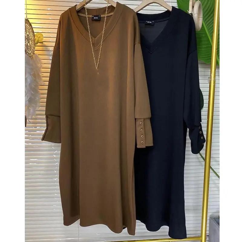 women Autumn and Winter Casual V-neck Loose and Lazy Style Long Base Dress for Women
