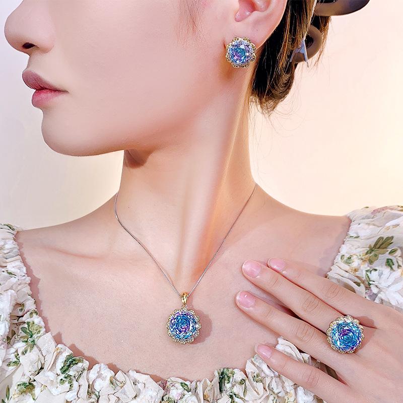 New Huabi Jewelry Copper Bottom Gold-plated Rose Cut Pink Orchid Light Luxury Seiko Set Female Main Stone 16-10m