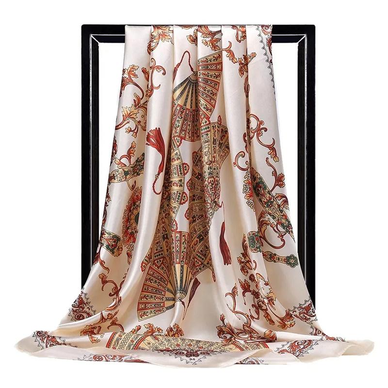 90*90Cm Satin Scarf For Women Cashew Flower Print Chain Scarf Spring And Summer  Style Shawl Scarf For Women   Style