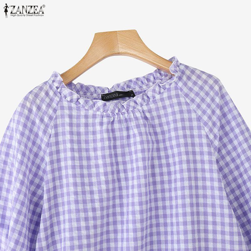ZANZEA Women Plaid Print Casual Round Neck Long Sleeve Blouse