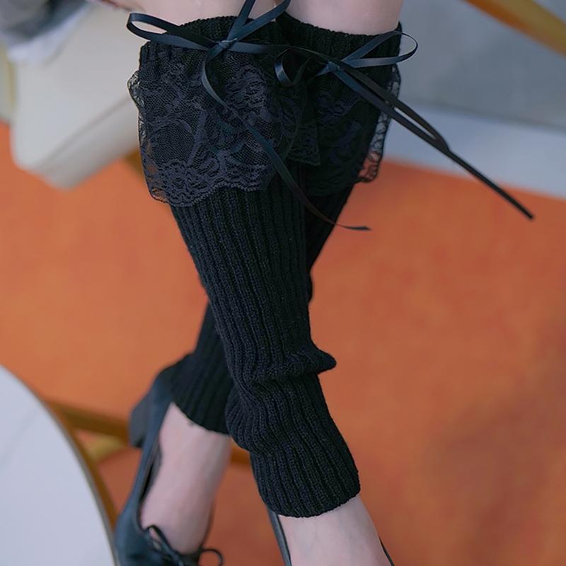 Elegant Ribbed Knit Stretch Leg Warmers Boot Covers Lace Trimmed Ribbon Bowknot Leg Sleeve Knee Length Socks for Women