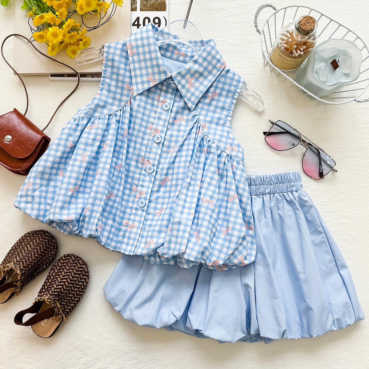 2026 New Girls Plaid Sleeveless Top & Versatile Tulip Bloom Shorts Set 110 cm