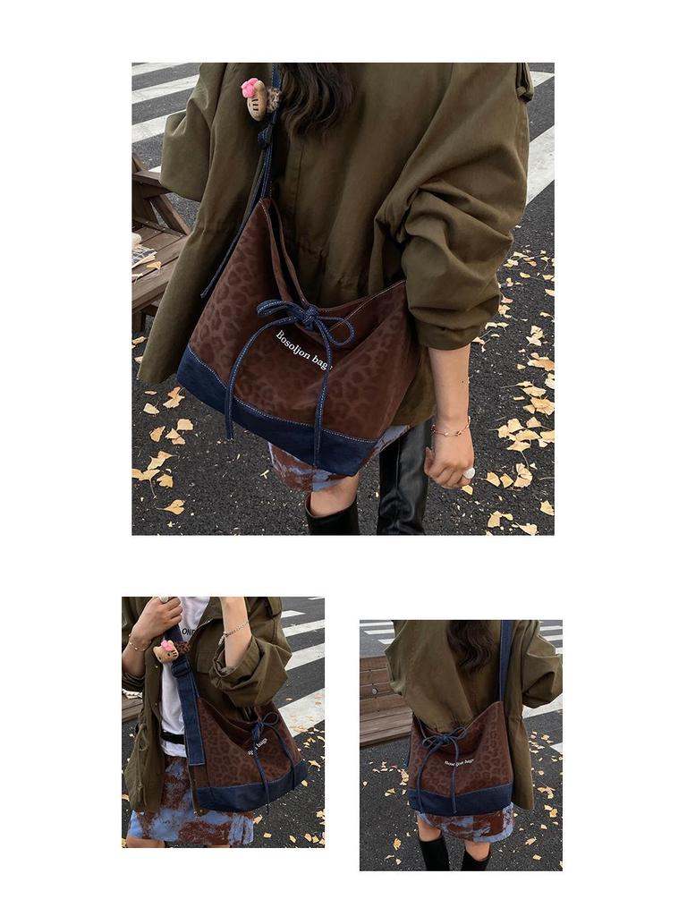 Retro Leopard Patchwork Denim Tote - Large Capacity Crossbody & Casual Shoulder Bag
