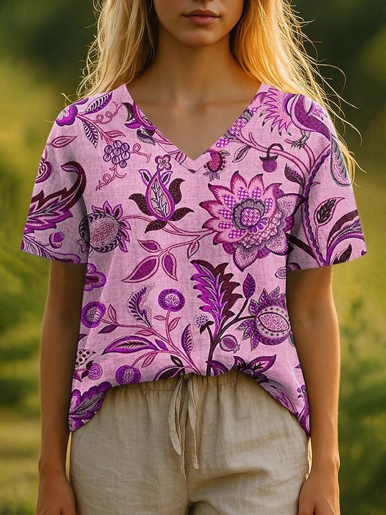 Summer Women's T-Shirt Bohemian Style 3d Print Casual Short-Sleeved V-Neck Loose Women's Clothes