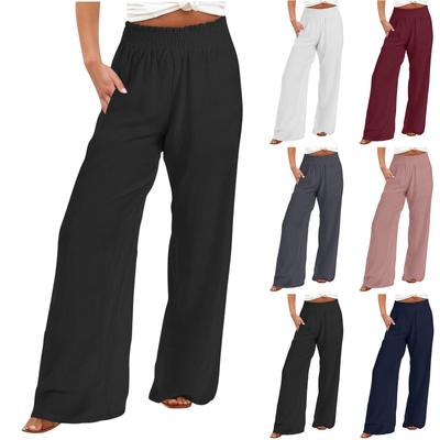 Dames wijde broek met hoge elastische taille aan de achterkant, zakelijke werkbroek, lange casual broek