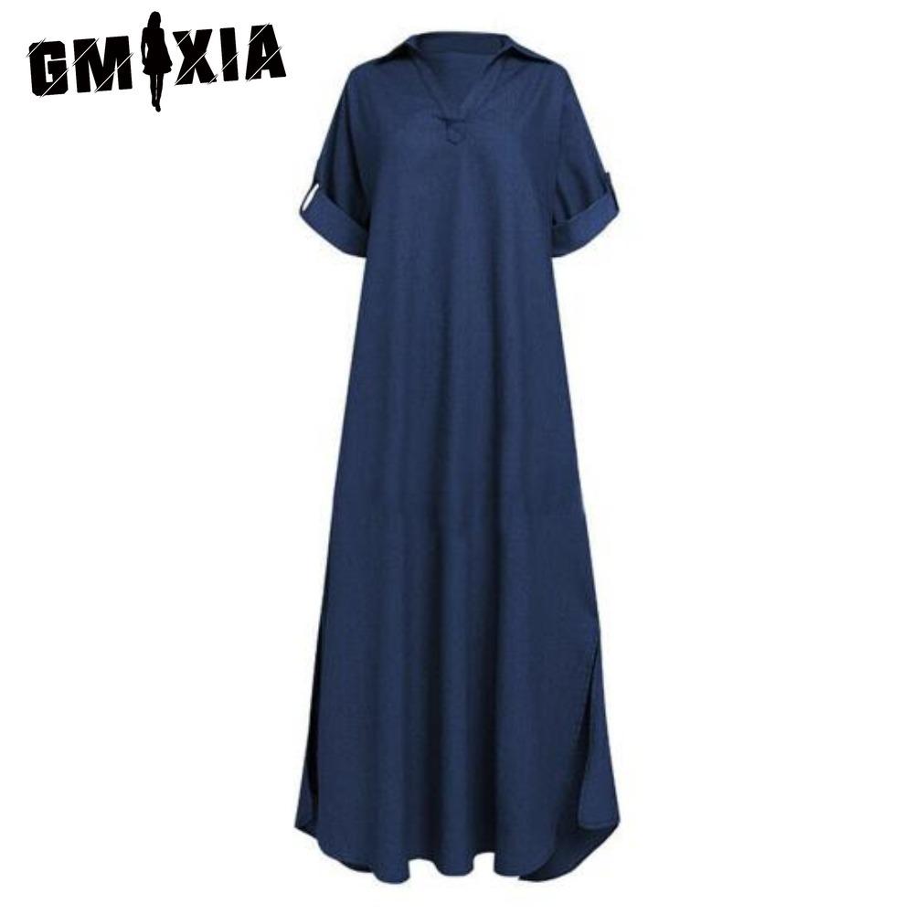 GMXIA Letní džínové šaty pro ženy Ležérní jarní modré maxi šaty Výstřih do V Poloviční rukáv Nadměrná velikost Dlouhé šaty s rozparkem