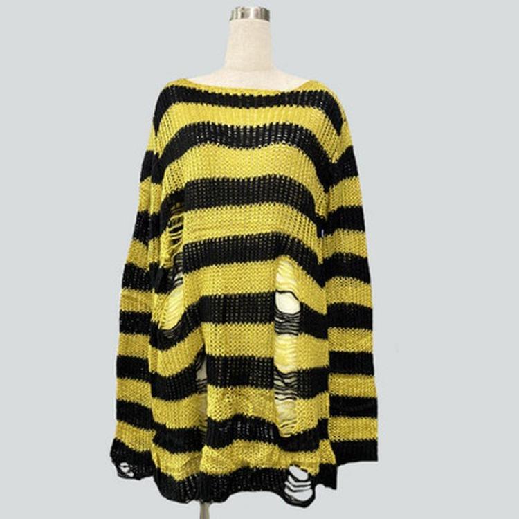 

Cool Long Sweater Women Gothic Punk Unisex Loose Thin Striped Jumper Dark Streetwear Hollow Out Hole Broken Top One Size