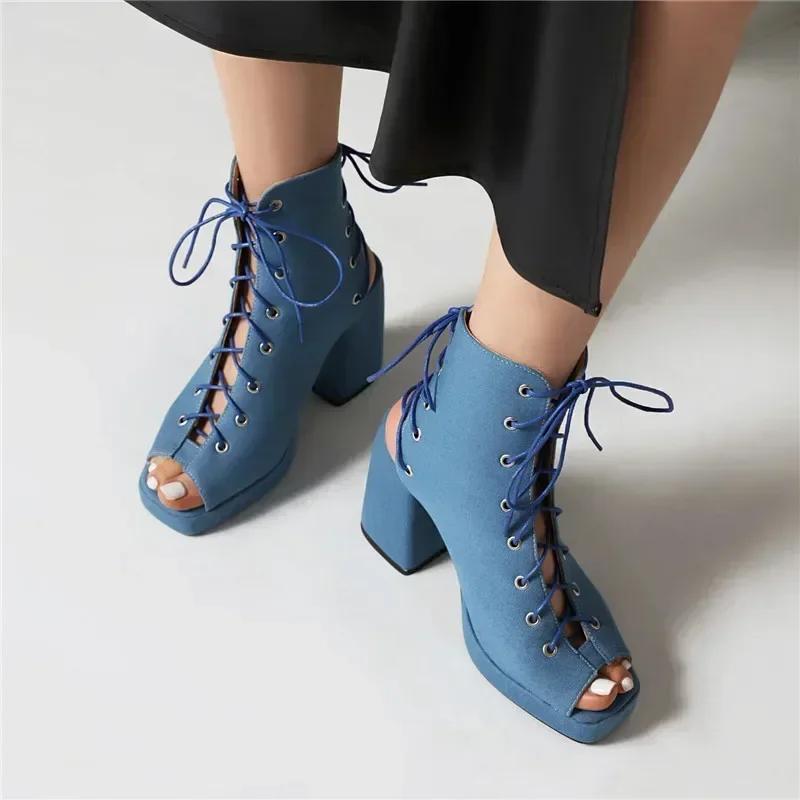 Fashion Woman Gladiator Platform Sandals Sexy Dress Party Lady Red Black Patent Leather Peep Toe Lace Up High Block Heels Shoes