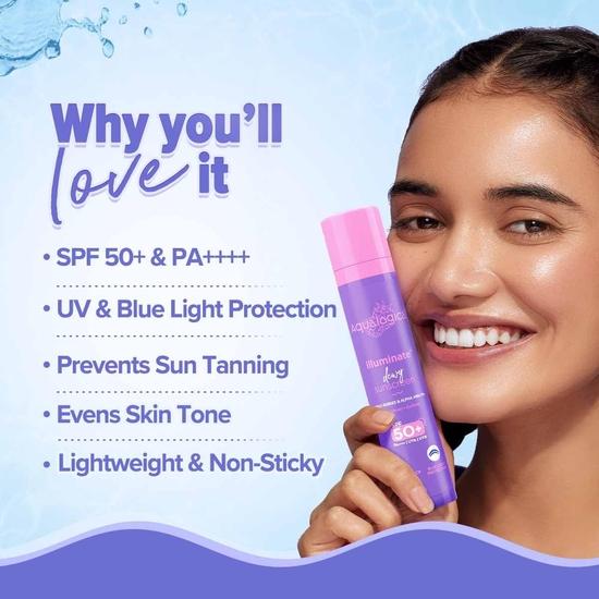 Aqualogica ILLUMINATE+ ZESTAW PROTECT & HYDRATE| Illuminate+ Dewy krem z filtrem przeciwsłonecznym SPF 50+ PA++++ (50g) + Rozświetlający+ Nawilżający żel Hydra (200g)