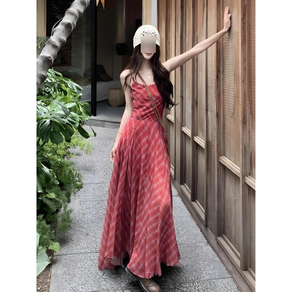 

Женское летнее повседневное платье-комбинация в контрастную клетку, приталенное, с большой юбкой-солнце, А-силуэта XL- (recommended 110-60kg)