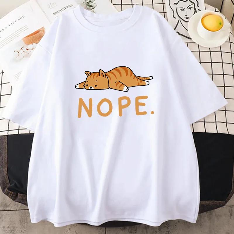 Sleeping Cat Nope Cartoons Print Male Short Sleeve Harajuku Street T-Shirts Summer Loose T Shirts Harajuku Cotton T Shirt Men