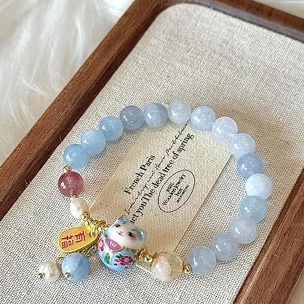 New Blue Crystal Lucky Cat Bracelet Ceramic Cat Pendant Cute Good Luck Jewelry Feng Shui Jewelry For Women