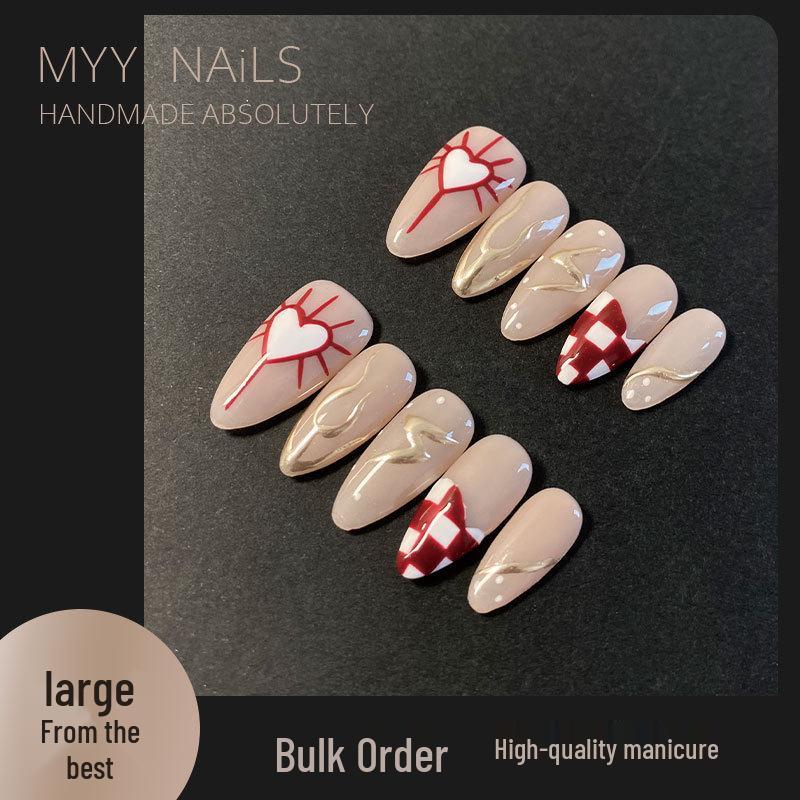 

Hand-Painted Heart Checkerboard Almond Style False Nails Small S