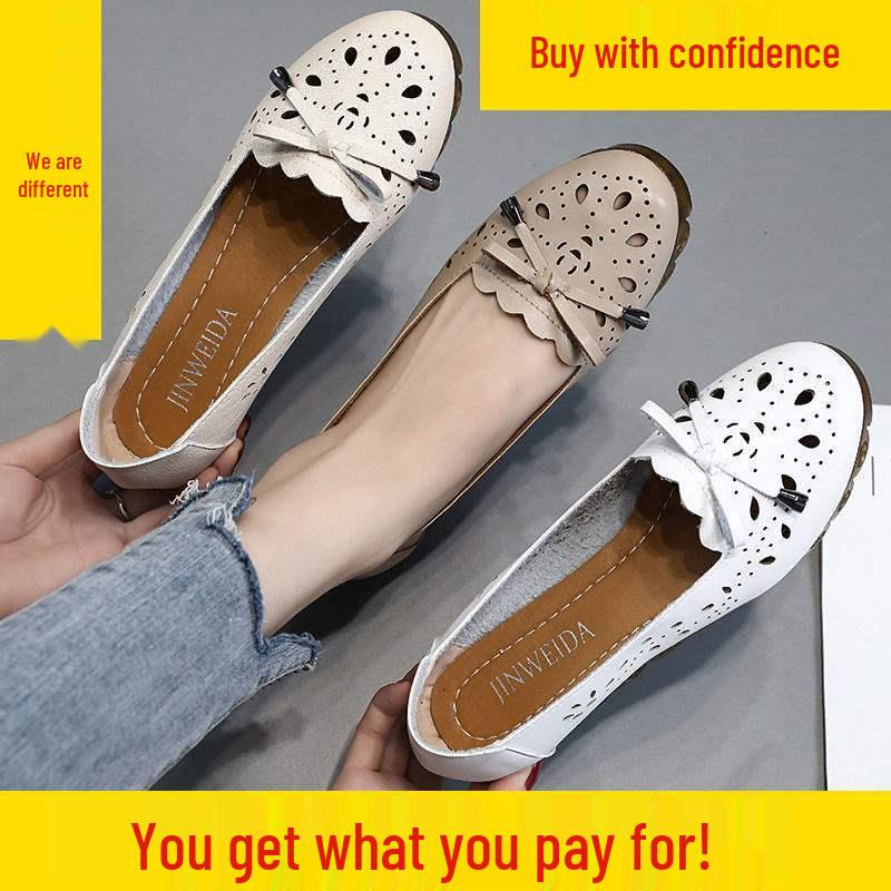 Damen Atmungsaktive Weiche Leder Slipper - Hohles Design, Rutschfest, Weiche Sohle Lässige Mama-Schuhe