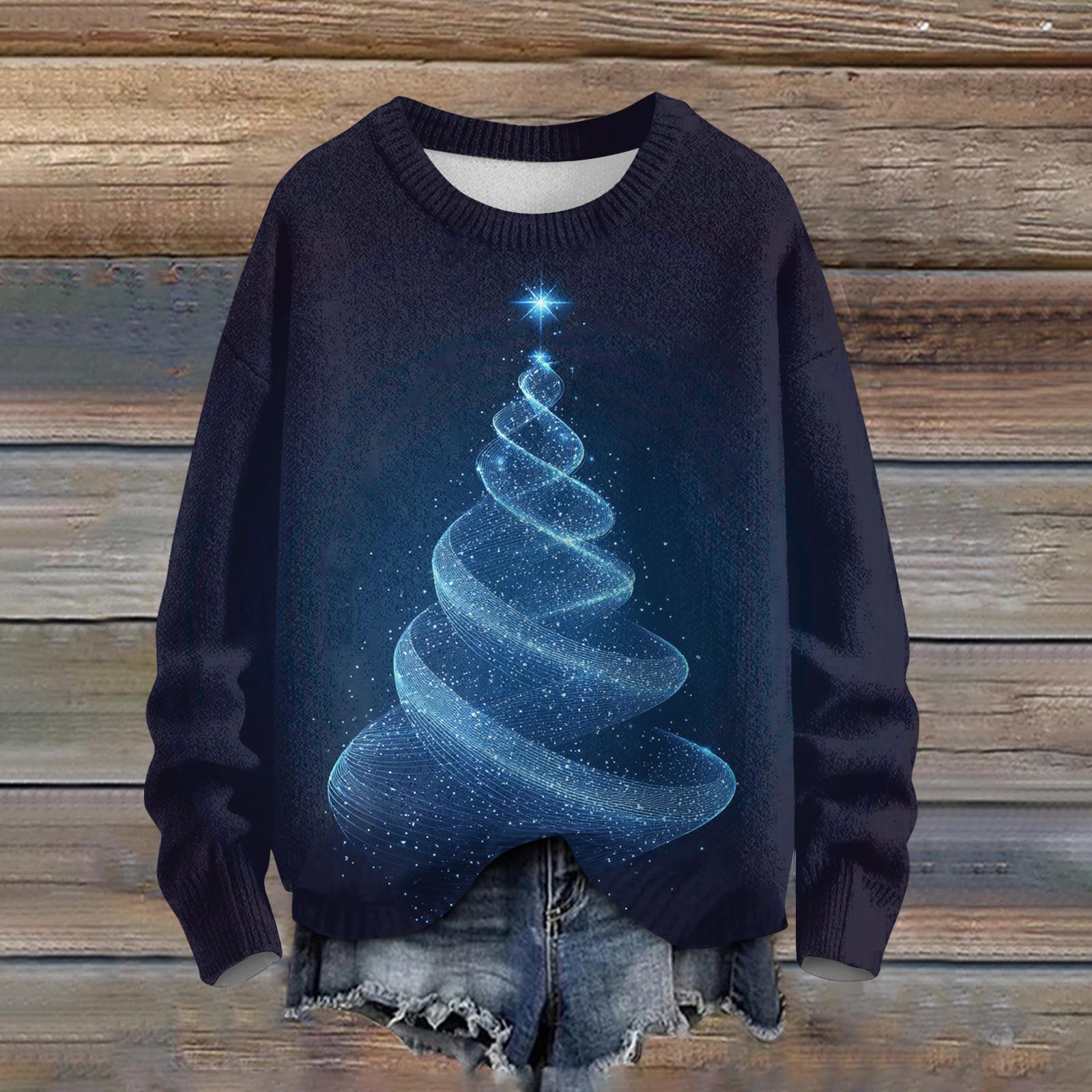 

Ladies Fashionable Casual Long Sleeved Beautiful Christmas Tree Print Round Neck Yarn Knitting XL