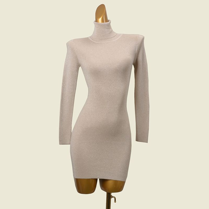 Trade Original Order Turtleneck Bottoming Dress Gold and Silver Silk Slim Fit High Elastic Autumn and Winter Inner Wear Long Sleeve Knitted Hip Skirt