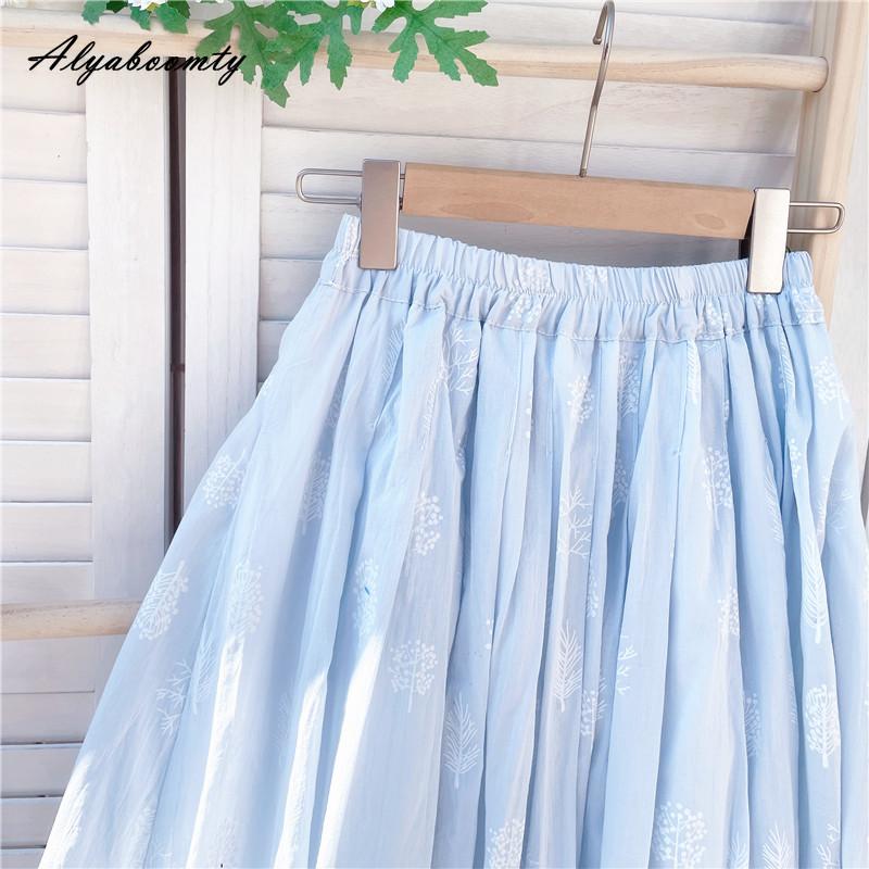 Japanese Mori Girl Summer Women Blue A-Line Skirt High Waist Floral Cotton Elegant Skirts Womens