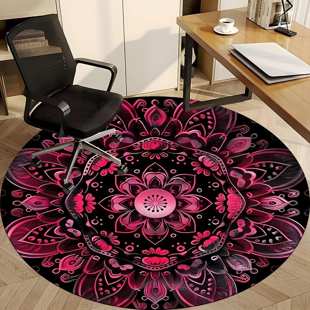1PC Pink Lotus Mandala Office Round Rug, Non slip, Soft and Durable Office Rug for Interior Decoration, Perfect for Office
