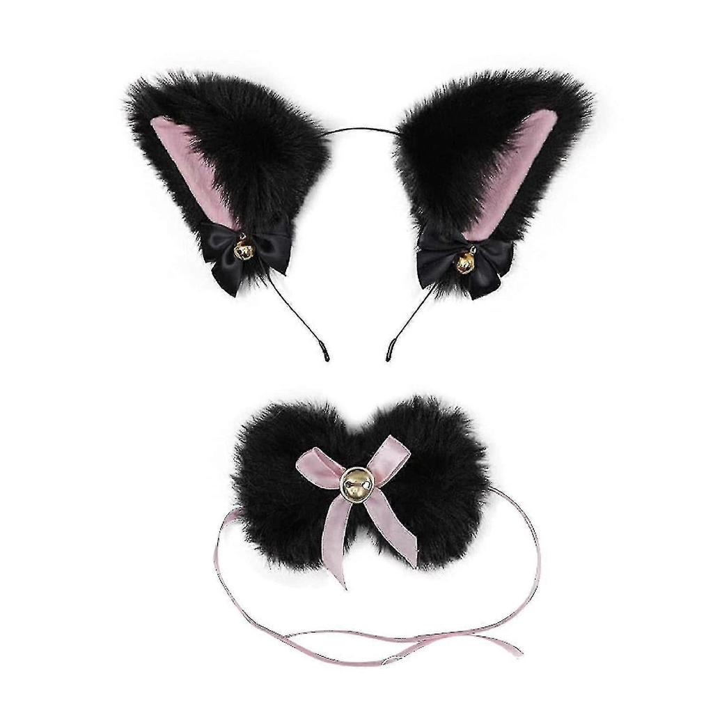 Cat Ears Headband Collar 2 Pcs With Jingle Bells Bows Lace Halloween Cosplay Costume Party Hairband (black)