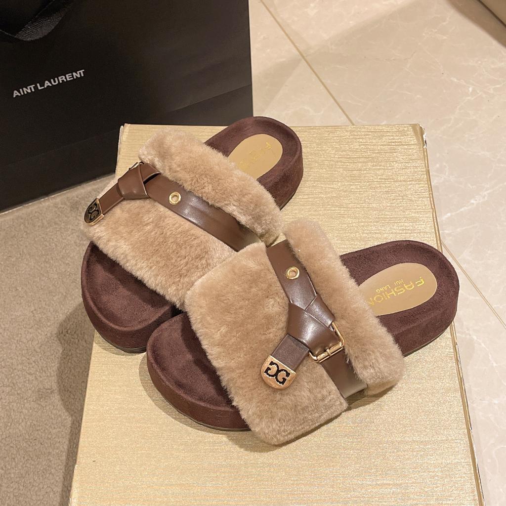 2025 Autumn and Winter Fashion Niche High-end Baotou Ins Trendy and Comfortable Plush Warm and Heightening Fluffy Slippers