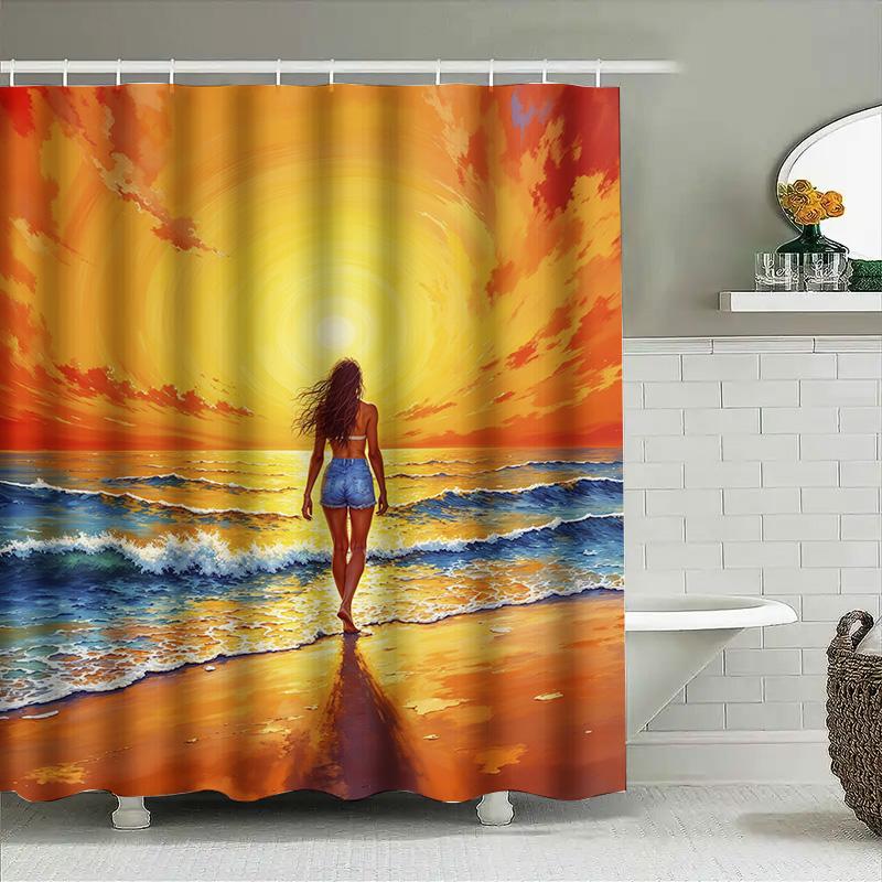 Vibrant Sunsets Shower Curtain Beaches Sunset Painting Waterproof Fabric For Bathroom Decorations