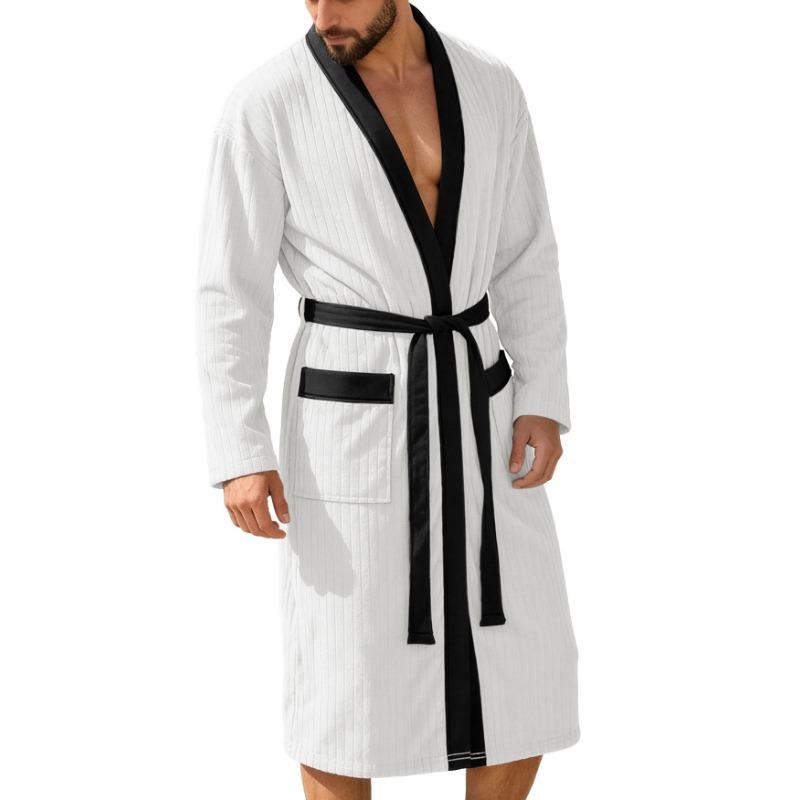 

Mens Ribbed Texture Color Block Trim Shawl Collar Bathrobe M білий