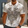 Men Halloween Skeleton 3D Printed Short‑Sleeve Collared Polo Shirt Buttons Casual Athleisure Spring Summer Daily Festival Outfit