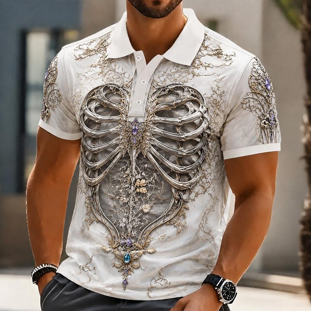 Men Halloween Skeleton 3D Printed Short‑Sleeve Collared Polo Shirt Buttons Casual Athleisure Spring Summer Daily Festival Outfit