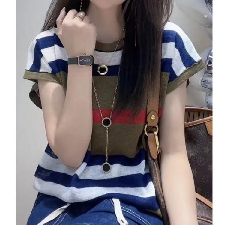 

Модный дизайн Sense Полосатый вязаный свитер с короткими рукавами для женщин, летний нишевый модный темперамент, свободные топы, повседневные, облегающие, пуловеры, футболки One Size кофейный