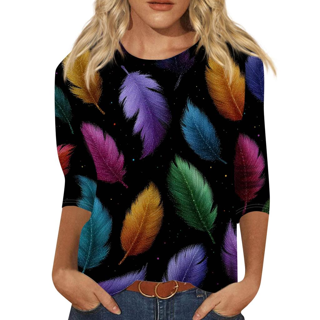 Top de Cuello con Estampado de Carnaval de Manga Tres Cuartos Casual y a la Moda para Mujer