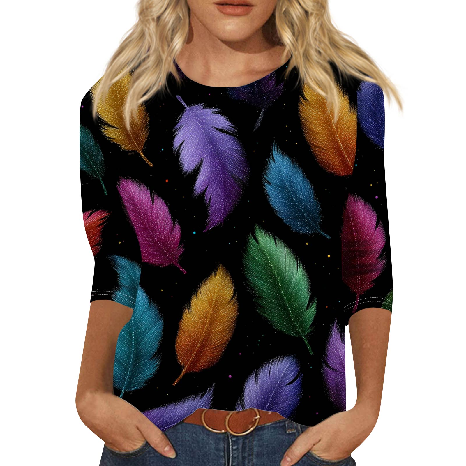 

Жіночий Модний Повсякденний Топ з Рукавом Три Чверті з Карнавальним Принтом на Горловині S чорний