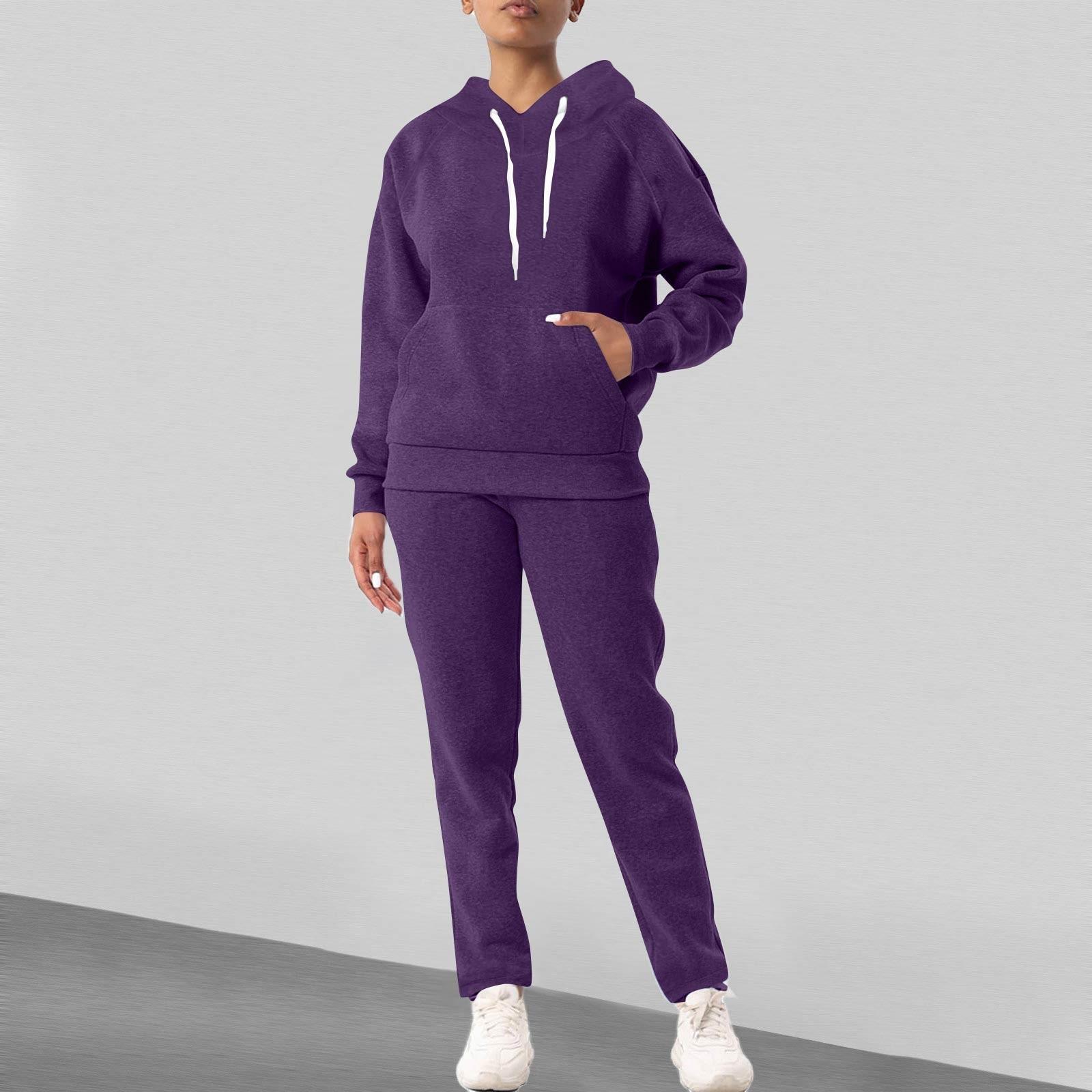 

Женская мода сплошной цвет с длинными рукавами и длинными брюками спортивный комплект из двух предметов XL темно-фиолетового