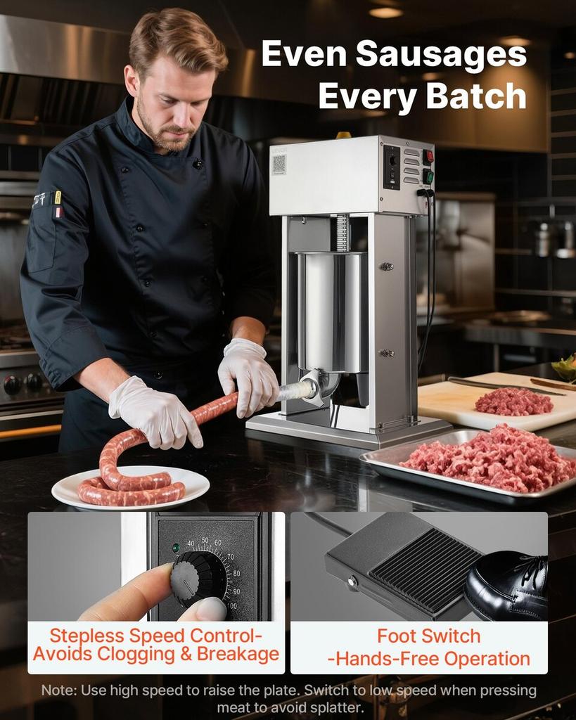 Electric Sausage Stuffer, 22 LBS / 10 L Vertical Meat Stuffer, Stepless Speed Control and Foot Pedal, Stainless Steel Heavy Duty Sausage Filler with 4