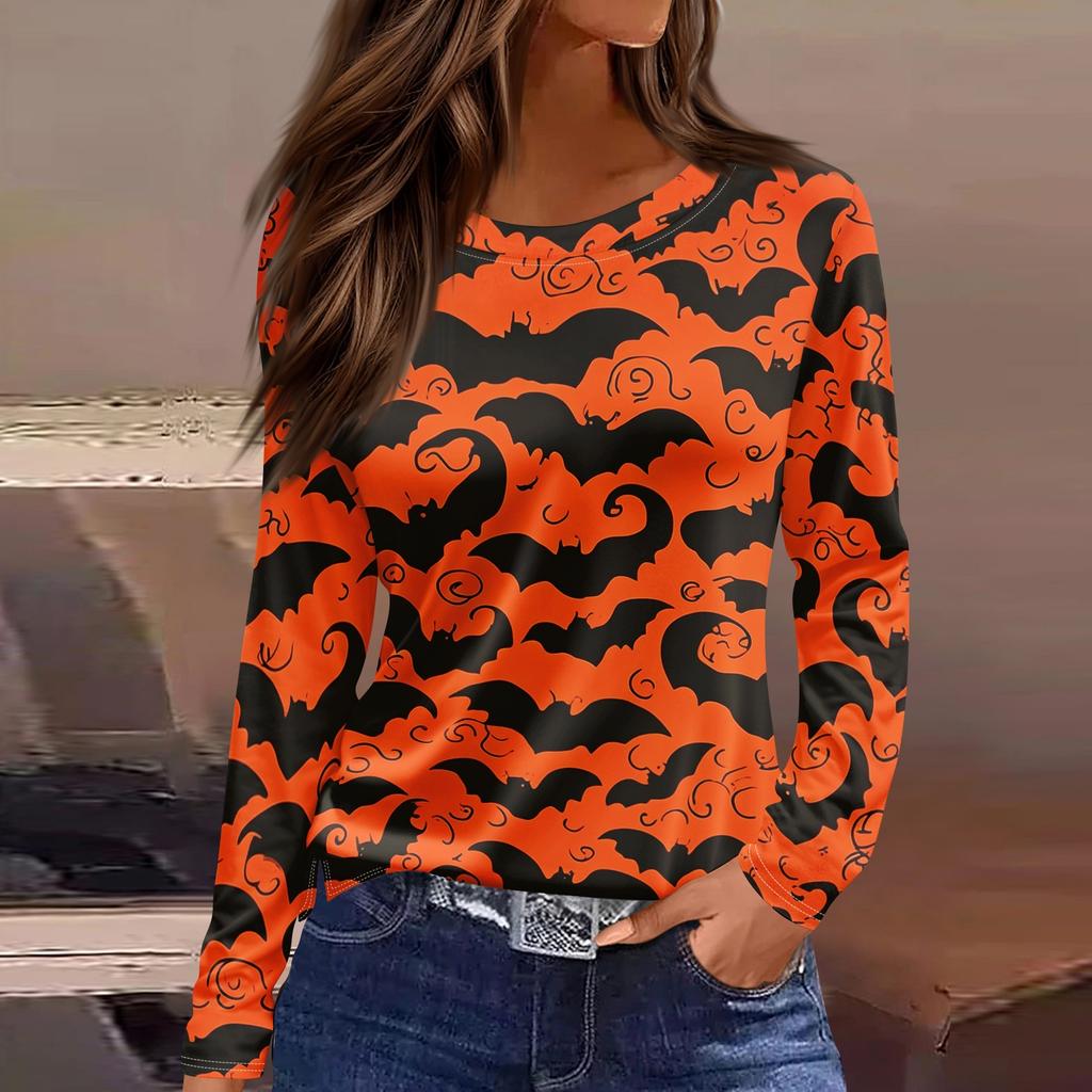 Women's Fashion Long Sleeve Neck Top with Hem Slit Halloween Print for Party