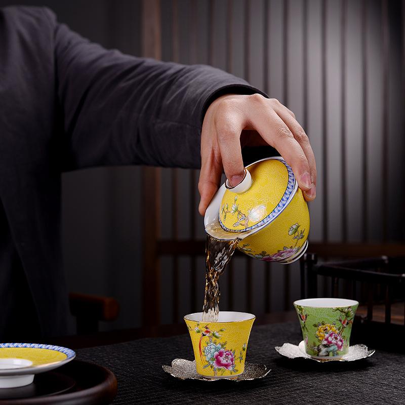 HMLOVE Color Enamel Sancai Gaiwan White Porcelain Cover Bowl Lid Saucer Kung Fu Tea Sets Handmade Tureen Travel Teaware Gift