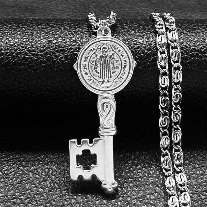 Catholicism Saint Benedict Key of Life Pendant Necklace for Women Men Stainless Steel Hip Hop San Benito Medal Necklaces Jewelry