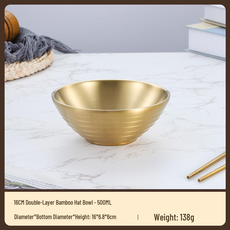 304 Stainless Steel Double Layer Heat-Insulated Ramen and Soup Bowl - Large Gold Noodle Mixing Bowl