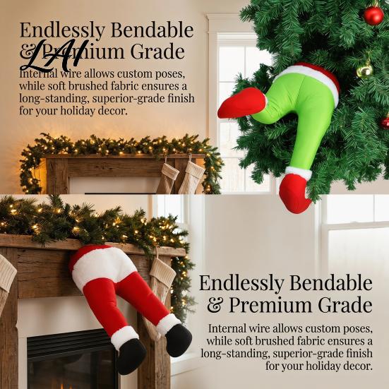 Playful Holiday Scene Setting Christmas Elf Stuffed Leg Ornaments Santa Green/Red Legs Decorations Poseable Indoor Fireplace Ornament for Xmas Tree