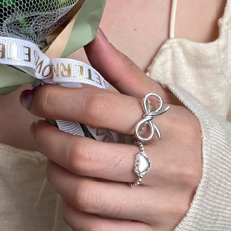 Chic Minimalist Lace Bow Heart Ring For Women High-end Open Adjustable Fashion