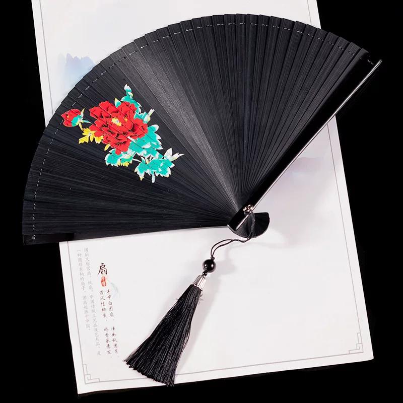 Bamboo Fan for Women, Traditional Style, Classical Black Folding Fan, Compact Hanfu Dance Fan, Portable Silk Cloth Fan